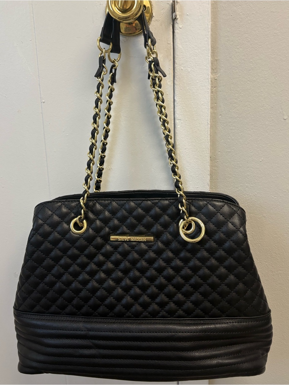 Steve Madden Bpattie Black Quilted Shoulder Bag with Gold Chain Straps